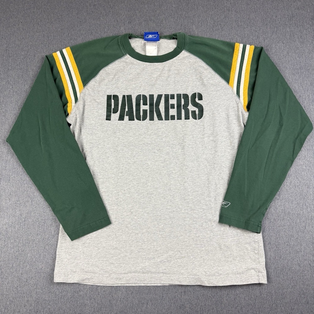 Y2K Green Bay Packers Raglan Shirt Mens Medium Reebok Green Gray Yellow NFL